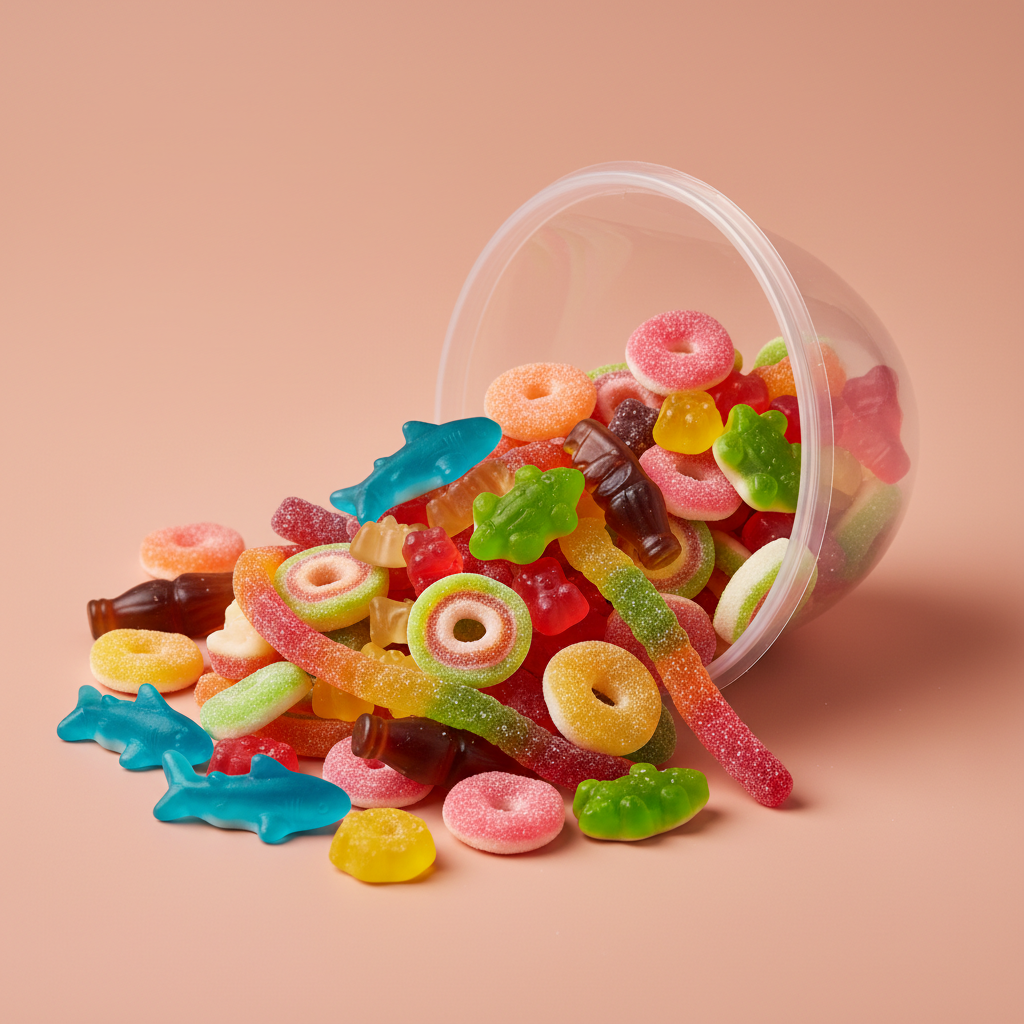 Dome lid overflowing with colorful gummy candies